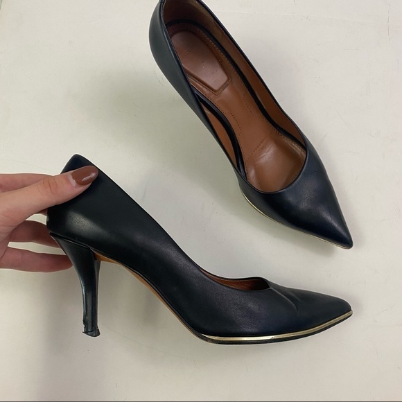 GIVENCHY black leather pointed toe gold trim pumps - Picture 8 of 9